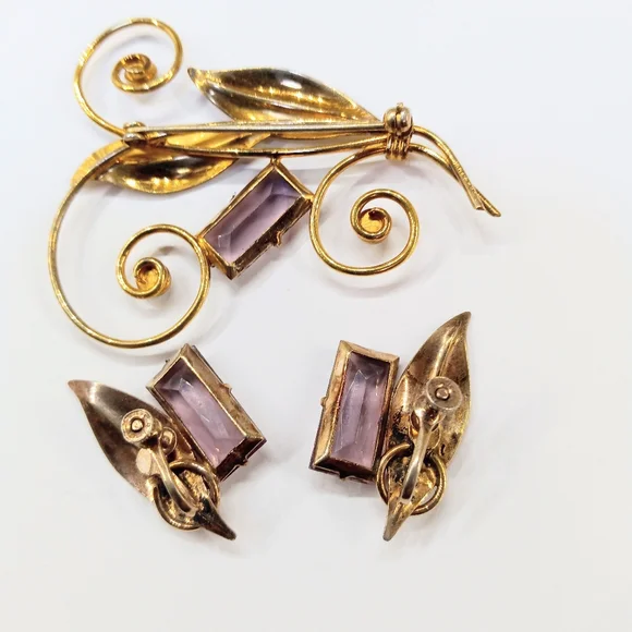 Vintage Gold Over Sterling Purple Stone Brooch And Earrings - Picture 4 of 5